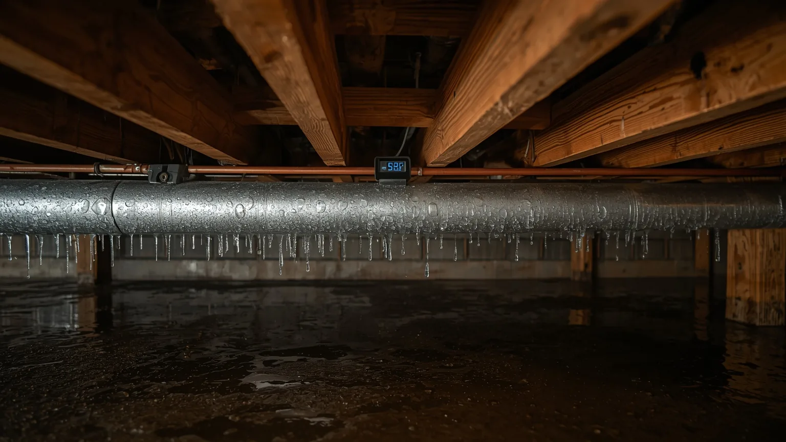 Condensation beading and dripping from a metal duct beneath crawl space joists