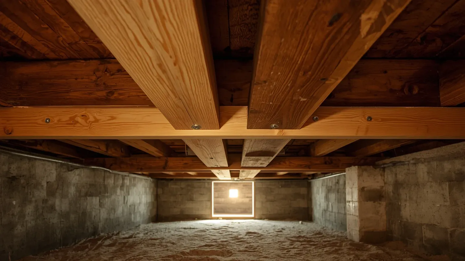 Wooden framing, girders and support posts beneath a crawl space subfloor